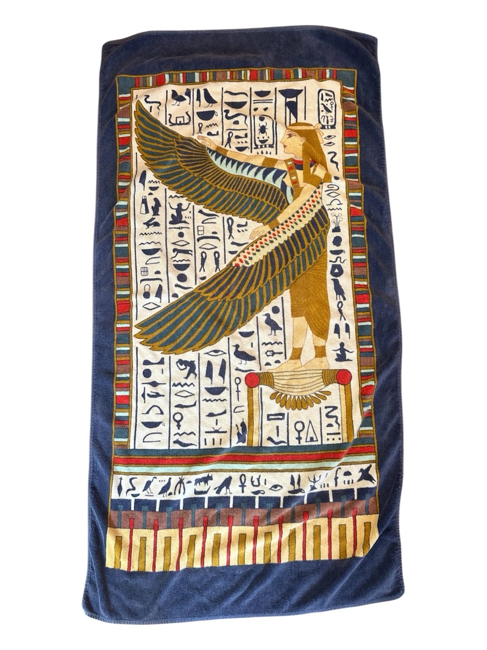 Vintage Y2K Navy, Gold and Cream Egyptian Winged Goddess Beach Towel